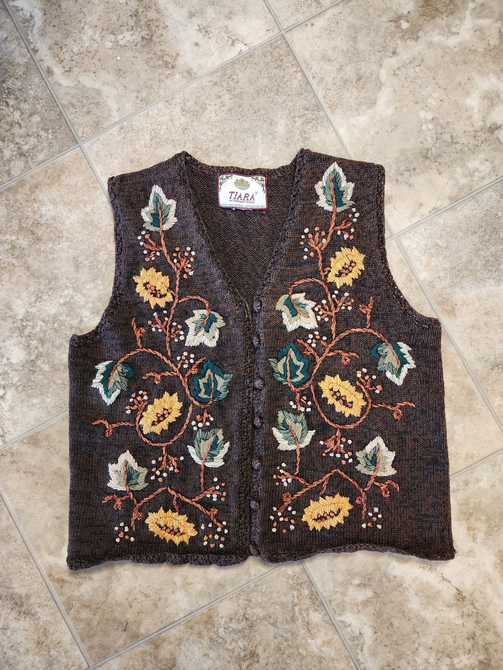 90's Vintage Tiara Embroidered Floral Knit Vest - Brown with Yellow & Green